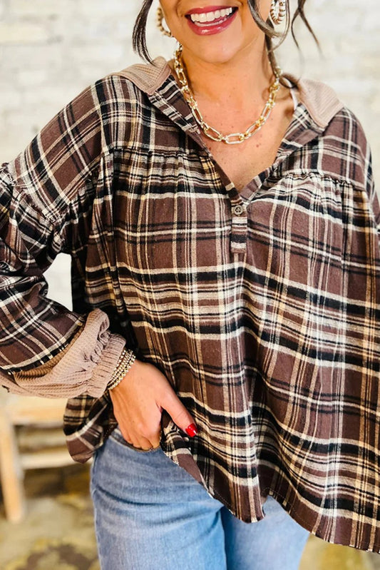 Brown Plaid Waffle Patchwork Long Sleeve Henley Hooded Top - minbolu -