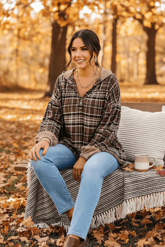 Brown Plaid Hoodie - Waffle Knit Long Sleeve Henley Top - Long Sleeve Hoodie - minbolu