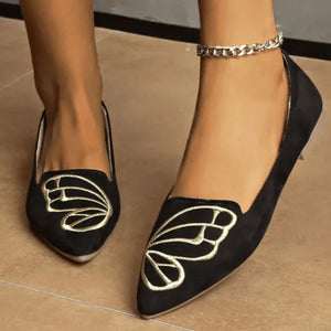 Butterfly Embroidered Point Toe Slip On Flats - Bohemian Black - minbolu -