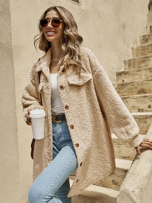 Button-Down Coat - Collared Long Sleeve Outerwear - minbolu -