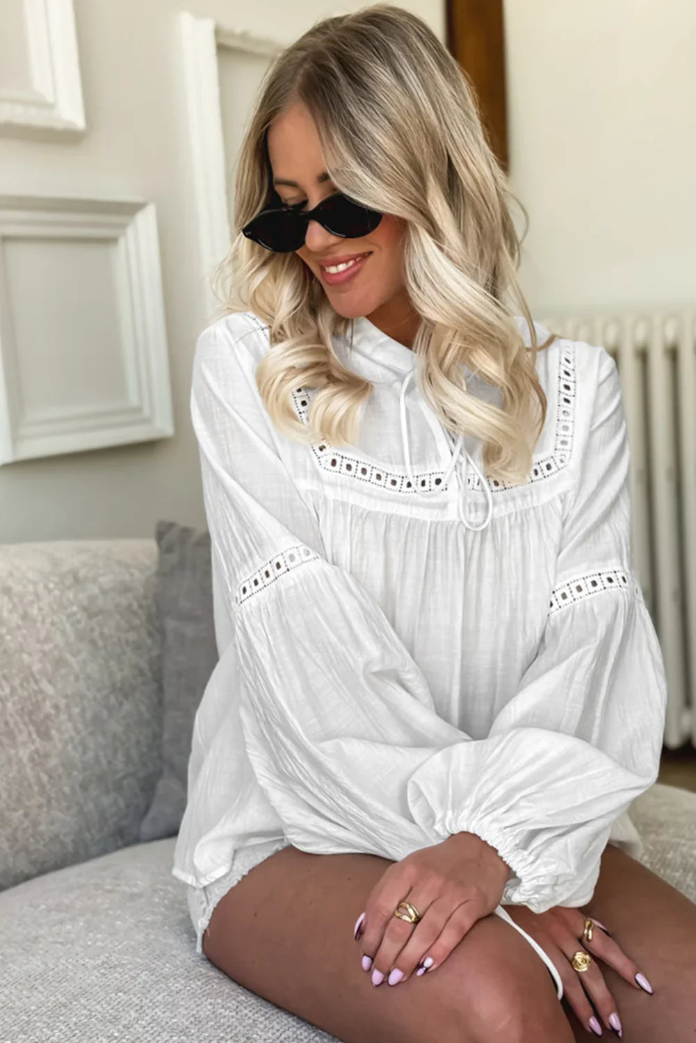 White Drawstring Lace Detail Puff Sleeve Split Neck Blouse - minbolu -