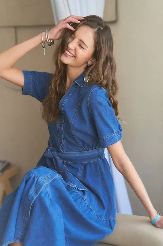 ADORA Tiered Button Down Denim Dress - minbolu -