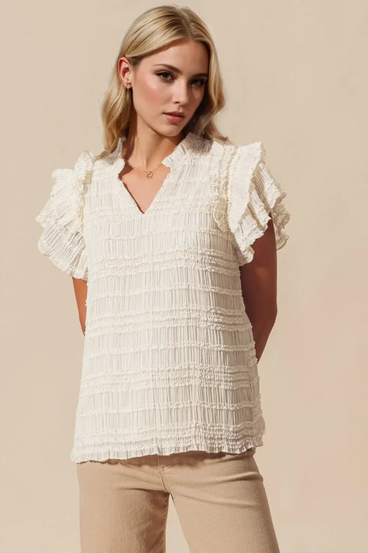 Oh Full Size Frill Notched Flounce Sleeve Blouse - minbolu -