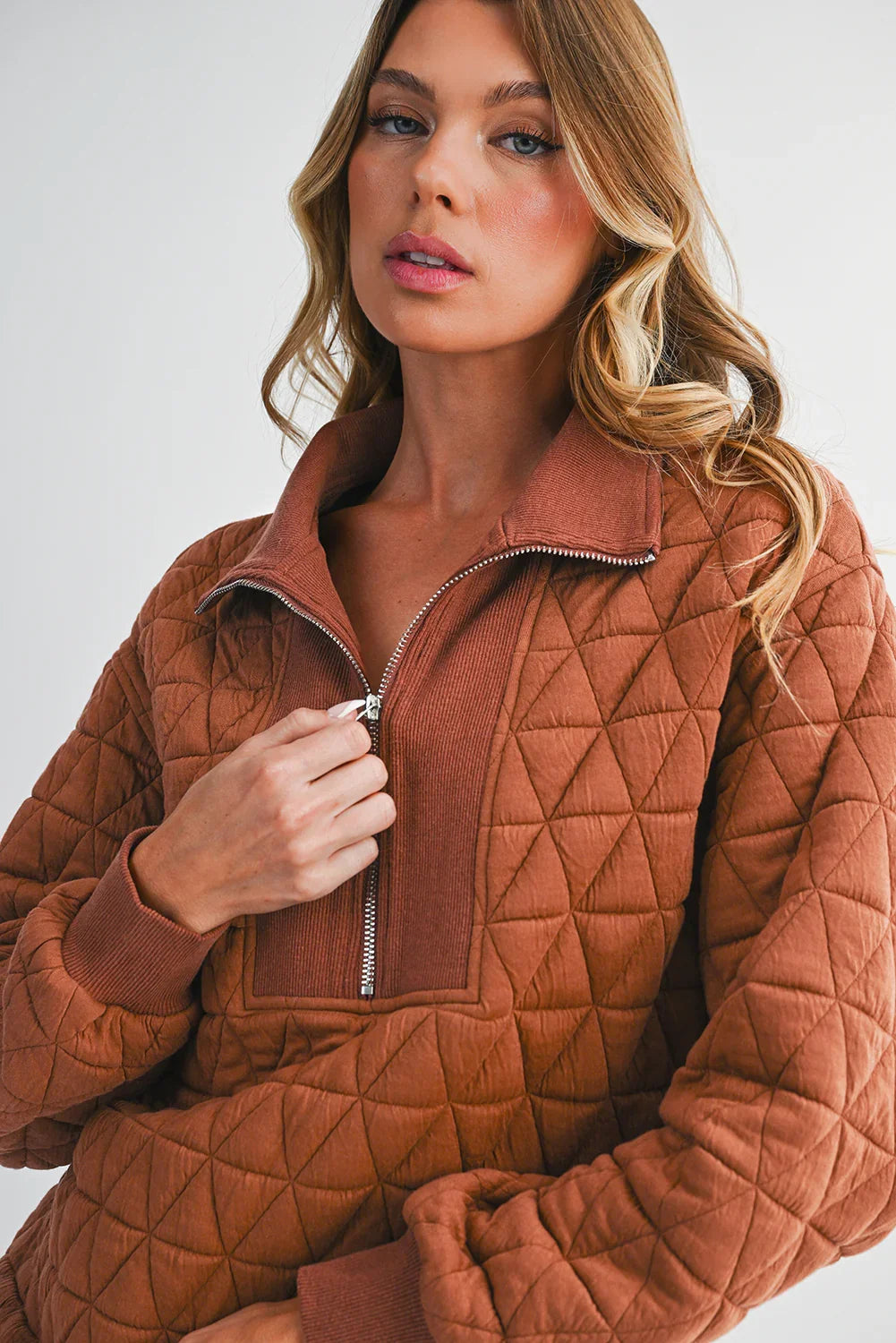 Straw Yellow Textured Zipper Neck Long Sleeve Pullover Sweatshirt - minbolu -
