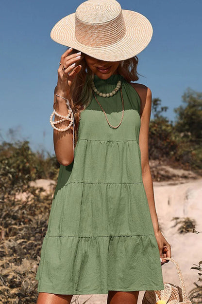 Sleeveless Tiered Ruffle Collar Dress - minbolu -