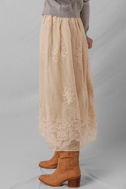 Oatmeal Embroidered Mesh Overlay Flowy Long Skirt - minbolu -