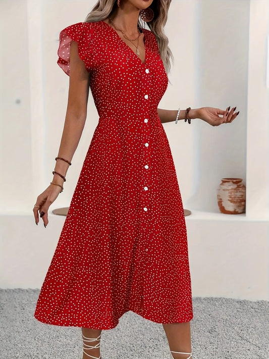 Button-Front Midi Dress with Ruffle Sleeves - minbolu -