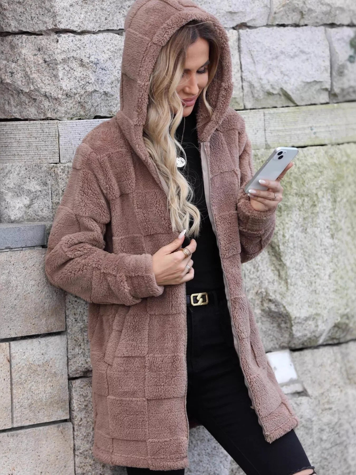 Boho Outerwear - Women's Oversized Fleece Zip-Up Hooded Jacket - minbolu -