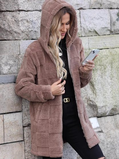 Boho Outerwear - Women's Oversized Fleece Zip-Up Hooded Jacket - minbolu -