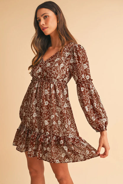 Brown Boho Floral Ruffle Puff Sleeve V Neck Mini Dress - minbolu -