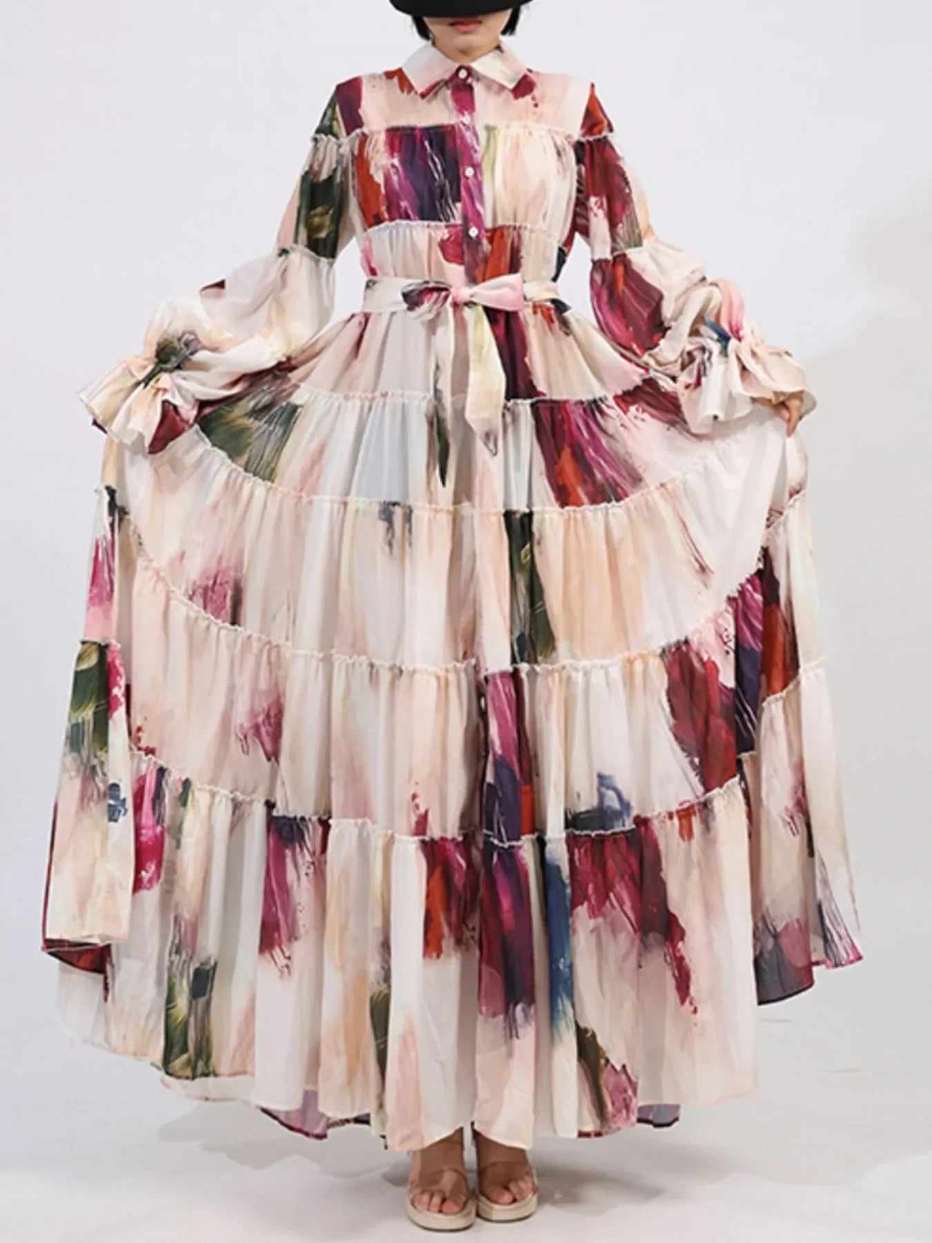 Tiered Tie Waist Maxi Dress - minbolu -
