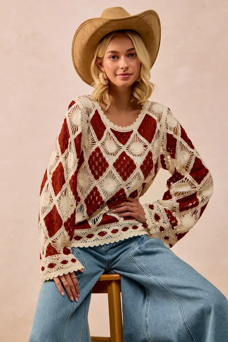 BiBi Diamond Crochet Knit Top - minbolu -