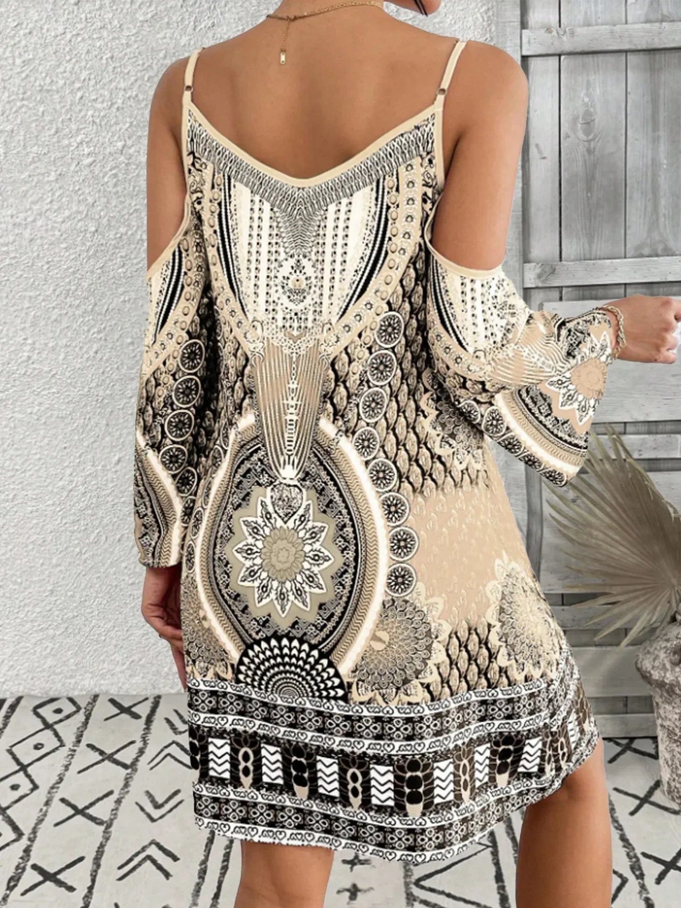 Printed Cold Shoulder Mini Dress - minbolu -
