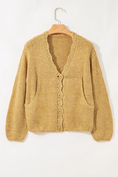 Light French Beige Lantern Sleeve Scallop V Neck Buttoned Front Cardigan - minbolu -