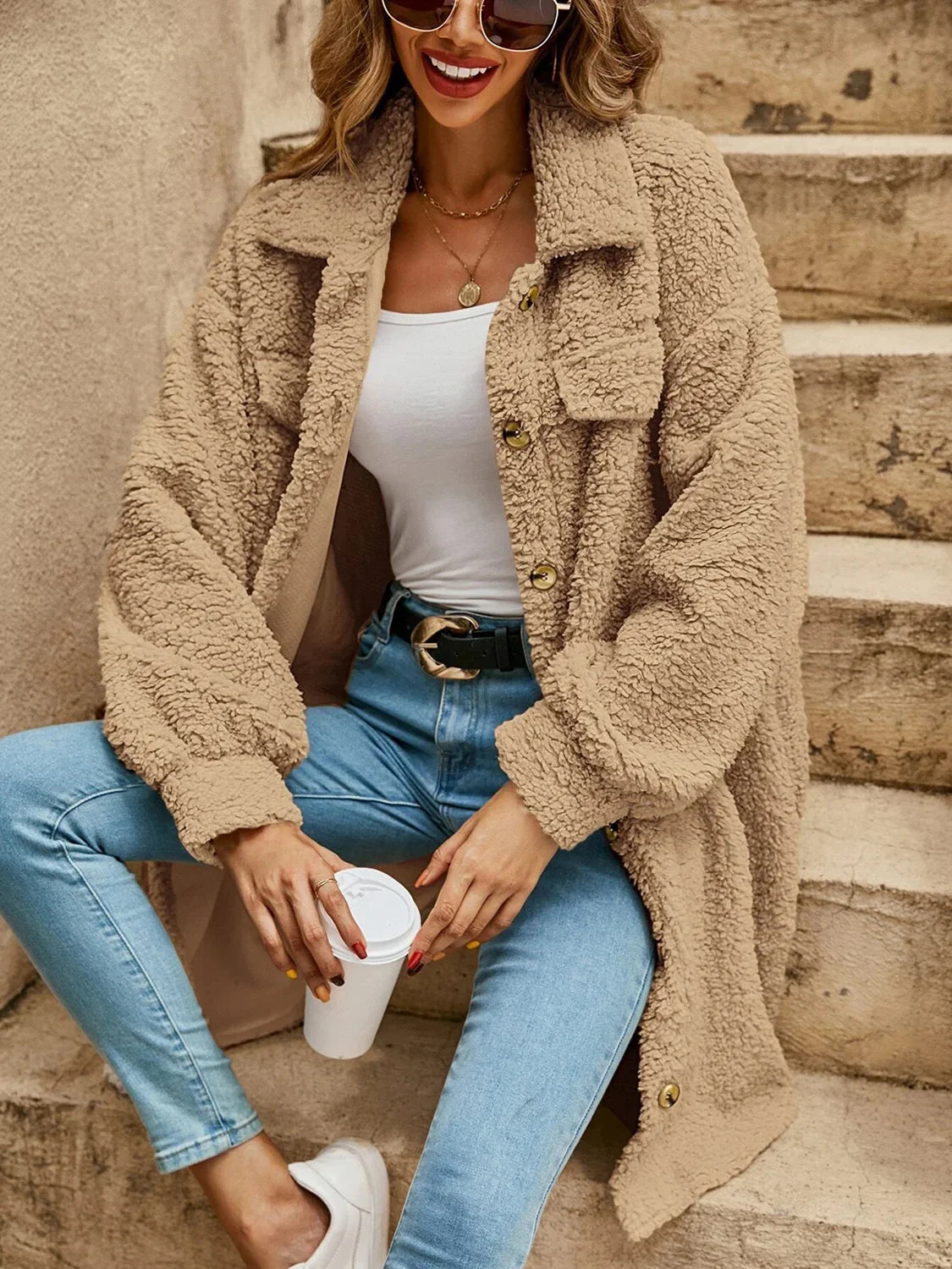 Collared Button Down Coat - minbolu -