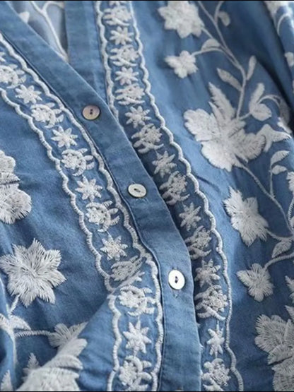 Floral Embroidered Button Up Denim Shirt - minbolu -