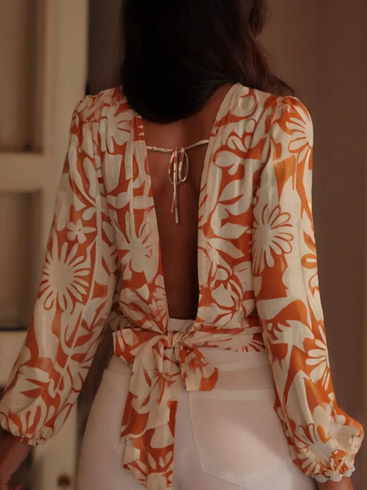 Printed Tie Back Balloon Sleeve Blouse - minbolu -