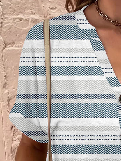 Printed Notched Short Sleeve Blouse - Stylish Design - minbolu -
