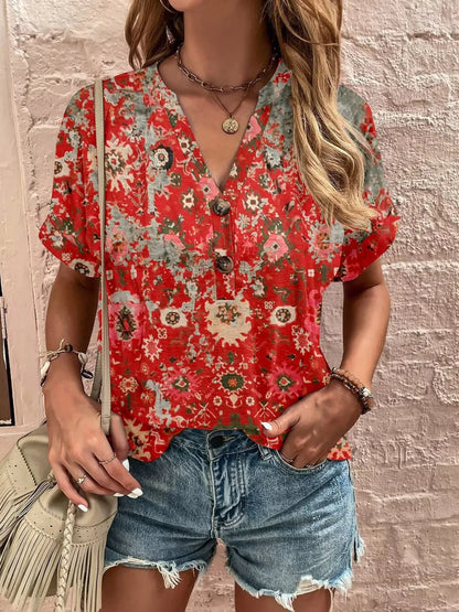 Printed Notched Short Sleeve Blouse - Stylish Design - minbolu -