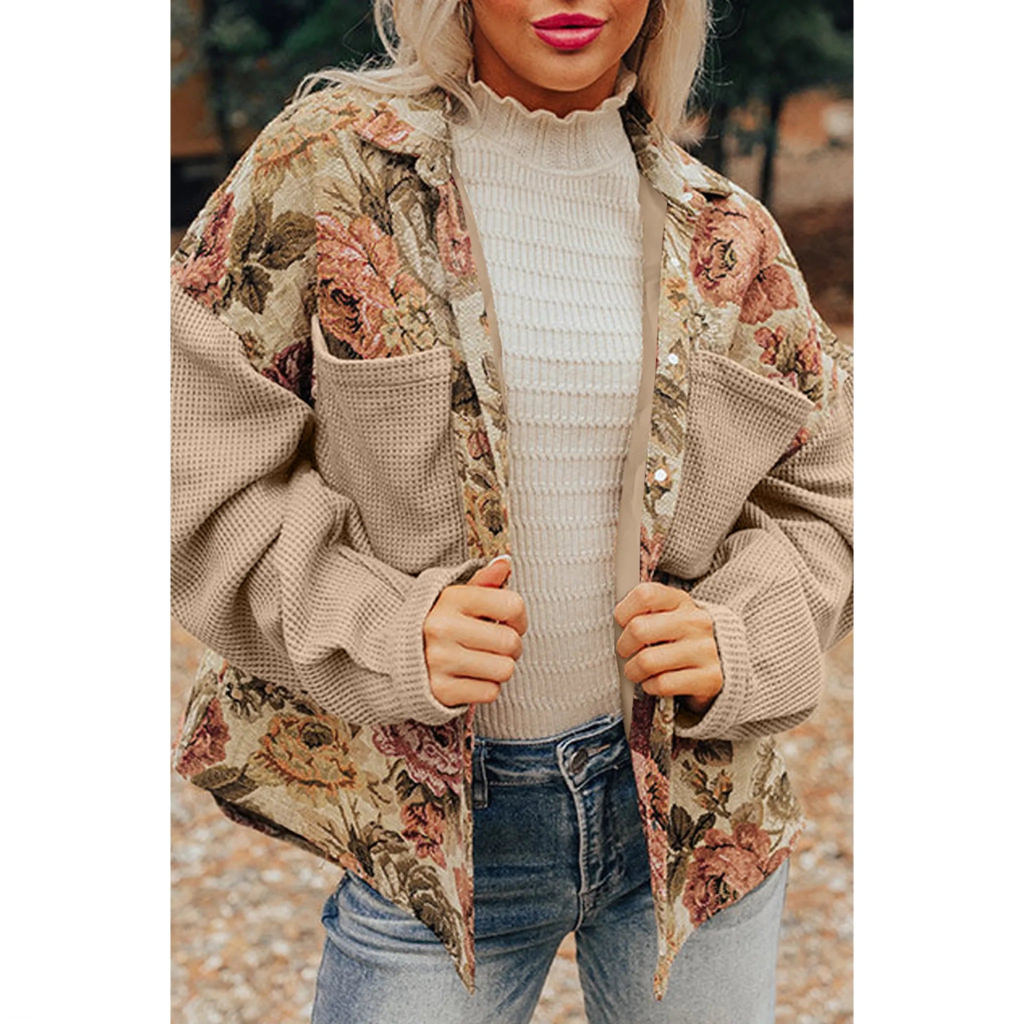 Khaki Floral Waffle Knit Patchwork Chest Pockets Buttoned Jacket