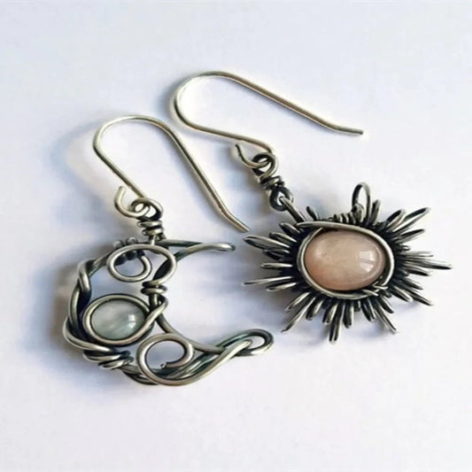 Celestial Alloy Moon & Sun Dangle Earrings - minbolu -