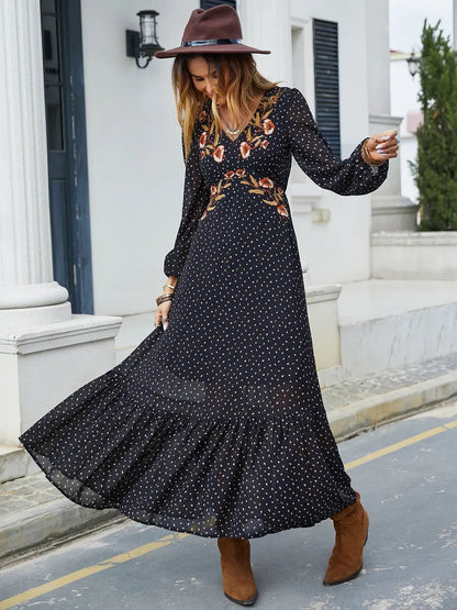 Embroidered V-Neck Long Sleeve Dress - minbolu -