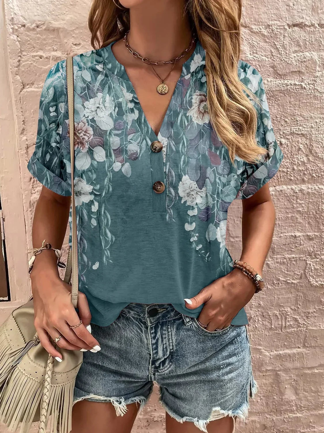 Printed Notched Short Sleeve Blouse - Stylish Design - minbolu -