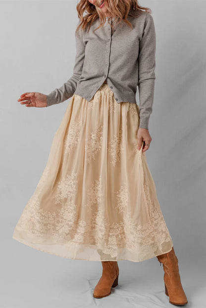 Oatmeal Embroidered Mesh Overlay Flowy Long Skirt - minbolu -