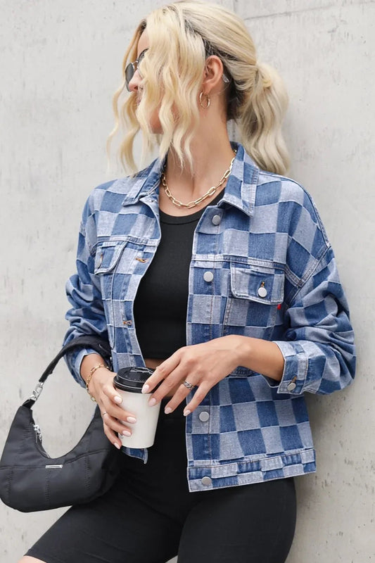 Checkered Button Up Long Sleeve Denim Jacket - minbolu