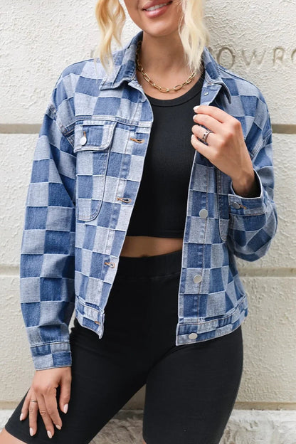 Checkered Button Up Long Sleeve Denim Jacket - minbolu