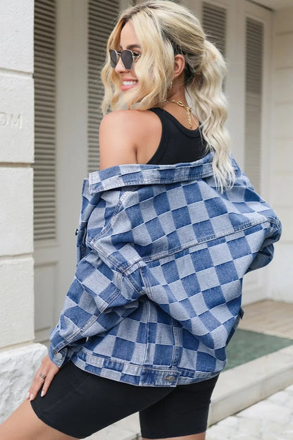 Checkered Button Up Long Sleeve Denim Jacket - minbolu