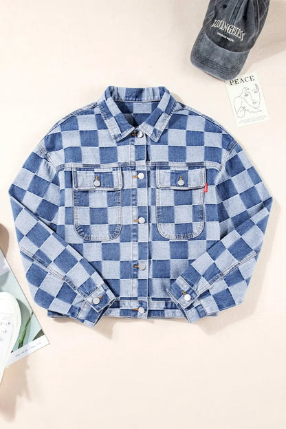 Checkered Button Up Long Sleeve Denim Jacket - minbolu