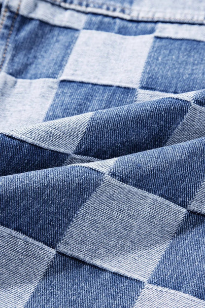 Checkered Button Up Long Sleeve Denim Jacket - minbolu