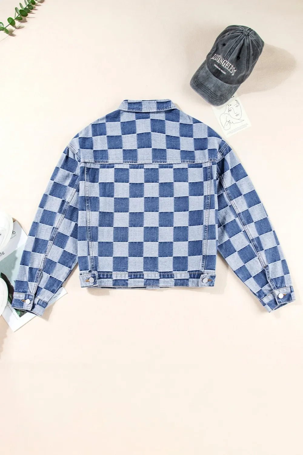 Checkered Button Up Long Sleeve Denim Jacket - minbolu