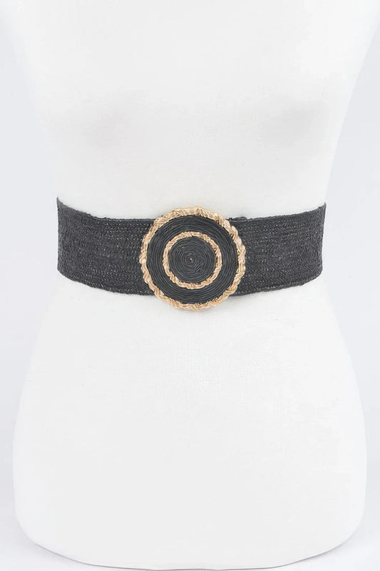 Chic Faux Straw Stretch Belt with Gold Buckle - minbolu