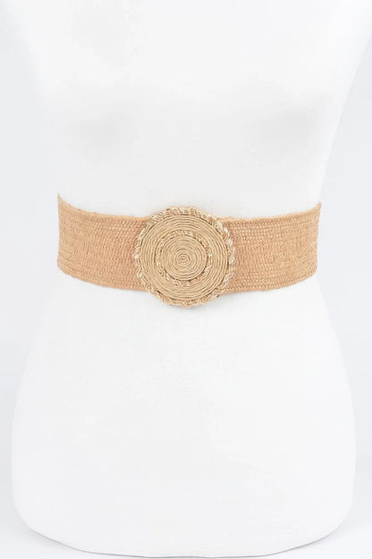 Chic Faux Straw Stretch Belt with Gold Buckle - minbolu
