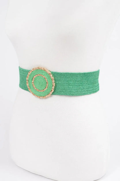 Chic Faux Straw Stretch Belt with Gold Buckle - minbolu