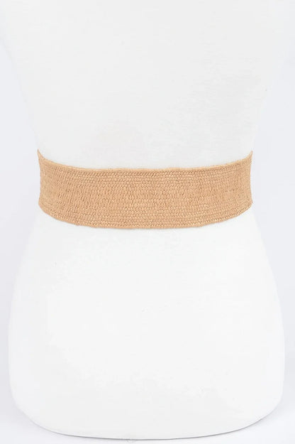 Chic Faux Straw Stretch Belt with Gold Buckle - minbolu