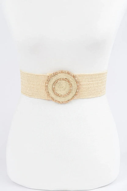 Chic Faux Straw Stretch Belt with Gold Buckle - minbolu
