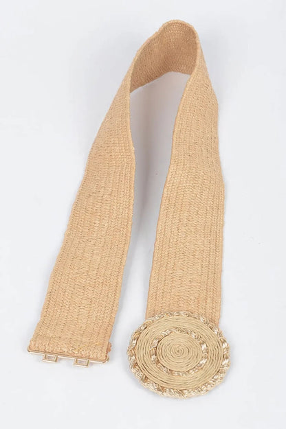 Chic Faux Straw Stretch Belt with Gold Buckle - minbolu