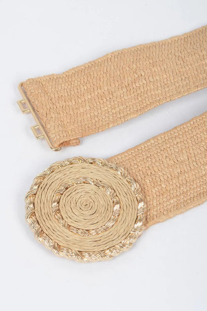 Chic Faux Straw Stretch Belt with Gold Buckle - minbolu