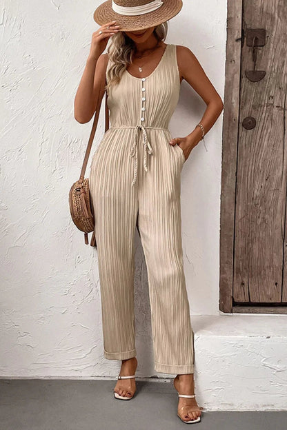 Chic Sleeveless Jumpsuit with Pockets - Casual Wide Leg Romper - minbolu -
