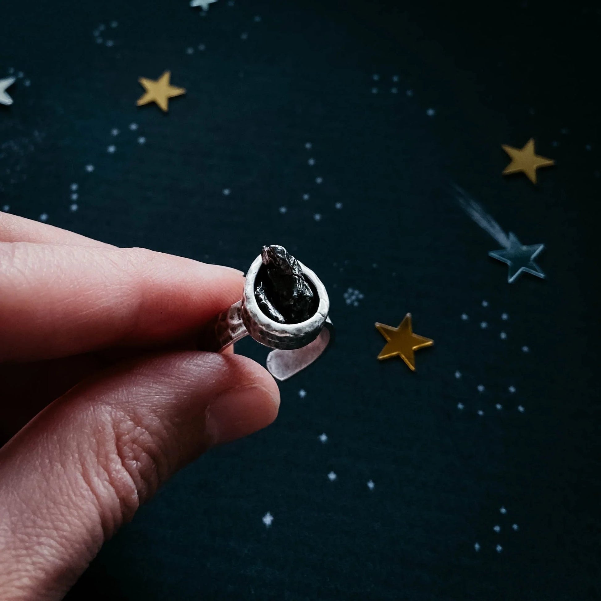 Chunky Teardrop Raw Meteorite Ring in Silver - minbolu