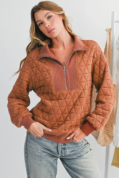 Clay Mixed-Texture Zipper Neck Long Sleeve Pullover Sweatshirt - minbolu -