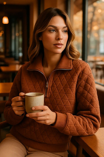 Clay Mixed-Texture Zipper Neck Long Sleeve Pullover Sweatshirt - minbolu -