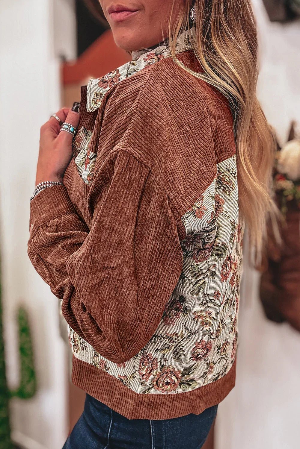 Clay Ribbed Retro Floral Patchwork Jacket - minbolu