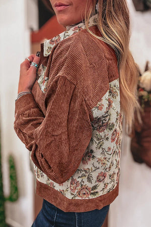 Clay Ribbed Retro Floral Patchwork Jacket - minbolu -