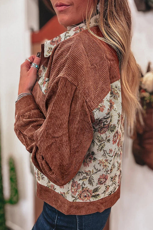 Clay Ribbed Retro Floral Patchwork Jacket - minbolu