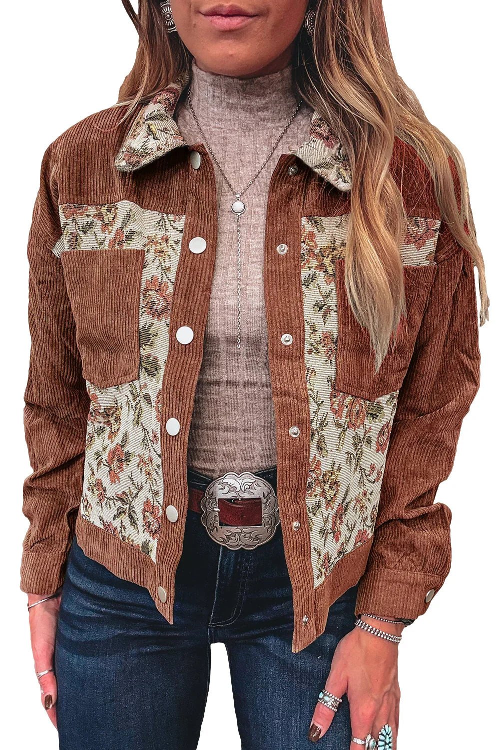 Clay Ribbed Retro Floral Patchwork Jacket - minbolu -
