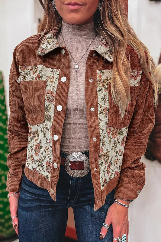 Clay Ribbed Retro Floral Patchwork Jacket - minbolu